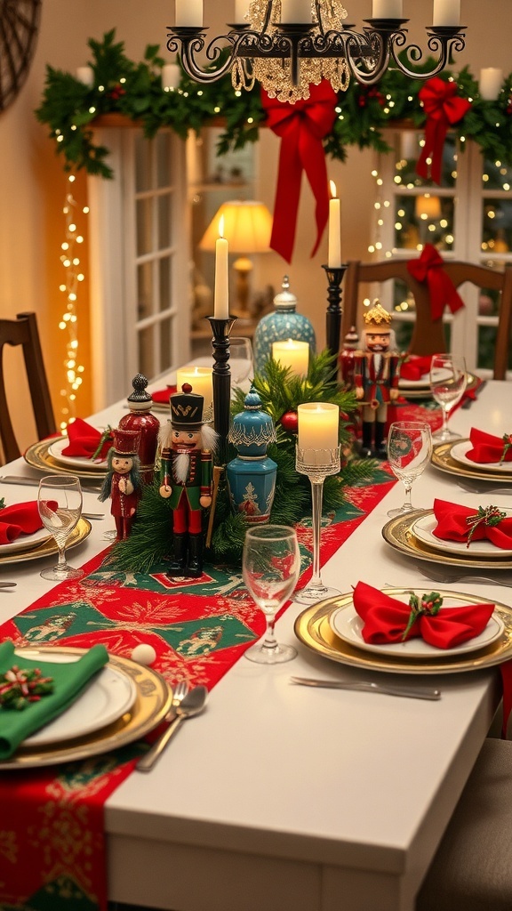 A Christmas table decorated with nutcracker-themed decorations, featuring a table runner, festive tableware, and nutcracker figurines.